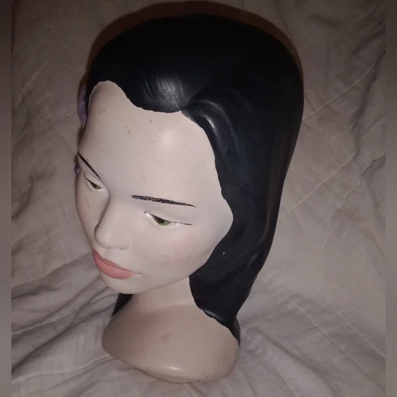 Mid Century Modern Green Eyed Polynesian Woman Head Bust Hibiscus Flower Holland